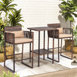 VINGLI 3 PCS Patio Bar Set Wicker, Outdoor Bar Table and Bar Stools with Storage Shelf and Cushions, Bar Height Outdoor Table and Chairs Wicker Furniture VINGLI