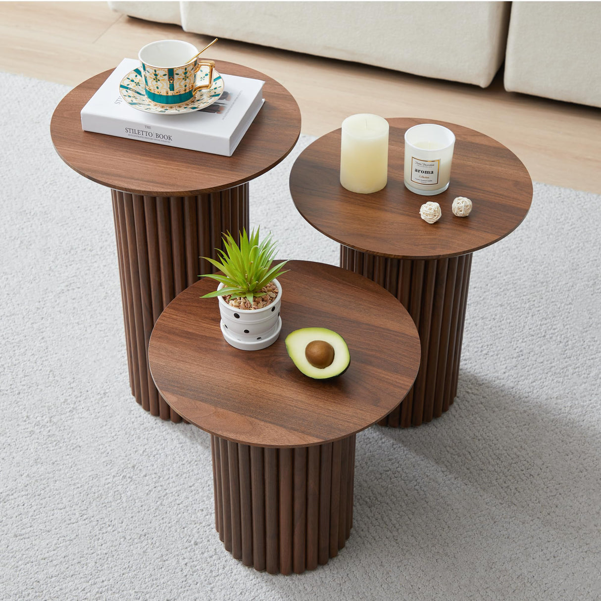 Bifins Round Nesting Coffee Table Set of 3,Mid Century Modern Fluted Coffee and End Table Set,Small Circle Wooden Side Table Drink Table for Living Room (Walnut) Bifins