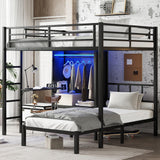 Bellemave Full XL Over Twin Bunk Beds with Folding Desk, Wardrobe and Shoe Rack, Heavy Duty Metal Bunk Bed with RGB LED Light, Ladder and Full-Length Guardrail, Black Bellemave