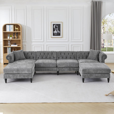 U Shaped Chesterfield Sofa, Oversized Sectional Linen Couch, Chaise Ottoman Sofa Upholstered Accent Tufted Couch with Rolled Armrest and Nailhead Design for Living Room, Office - Grey ORRD