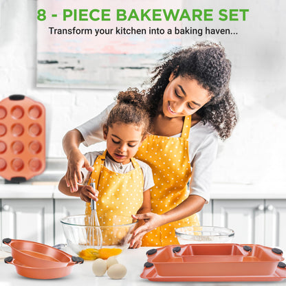 NutriChef 8 Piece Baking Pans Set - Nonstick Carbon Steel Bakeware Set w/ Silicone Heat-Safe Handles - Includes Loaf Pan, Muffin Pan, Cookie Sheets, Pizza Crisper, Roasting Pans - Copper