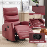 360° Swivel Recliner Chair for Adults, Small Manual Rocker with Heat & Massage, PU Leather Upholstered, Adjustable Backrest, Footrest & Side Pockets, Modern Living Room Chair, Red ALYIAMXL