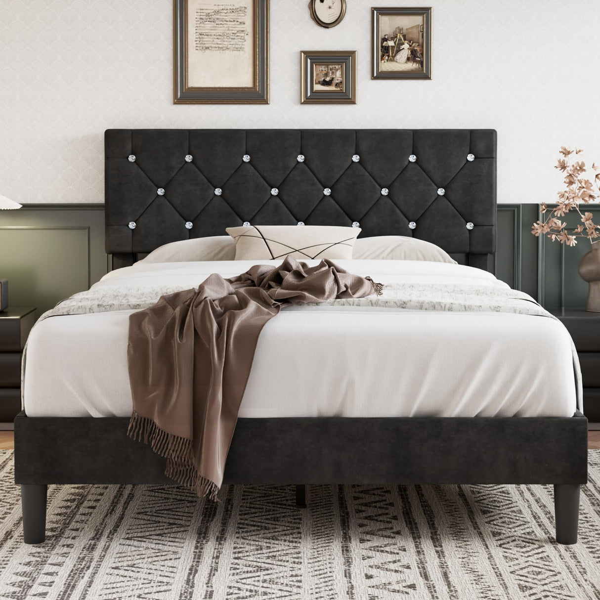 VECELO Queen Size Bed Frame, Upholstered Platform with Adjustable Diamond Tufted Headboard, Wood Slat Support, No Box Spring Needed, Velvet & Black VECELO