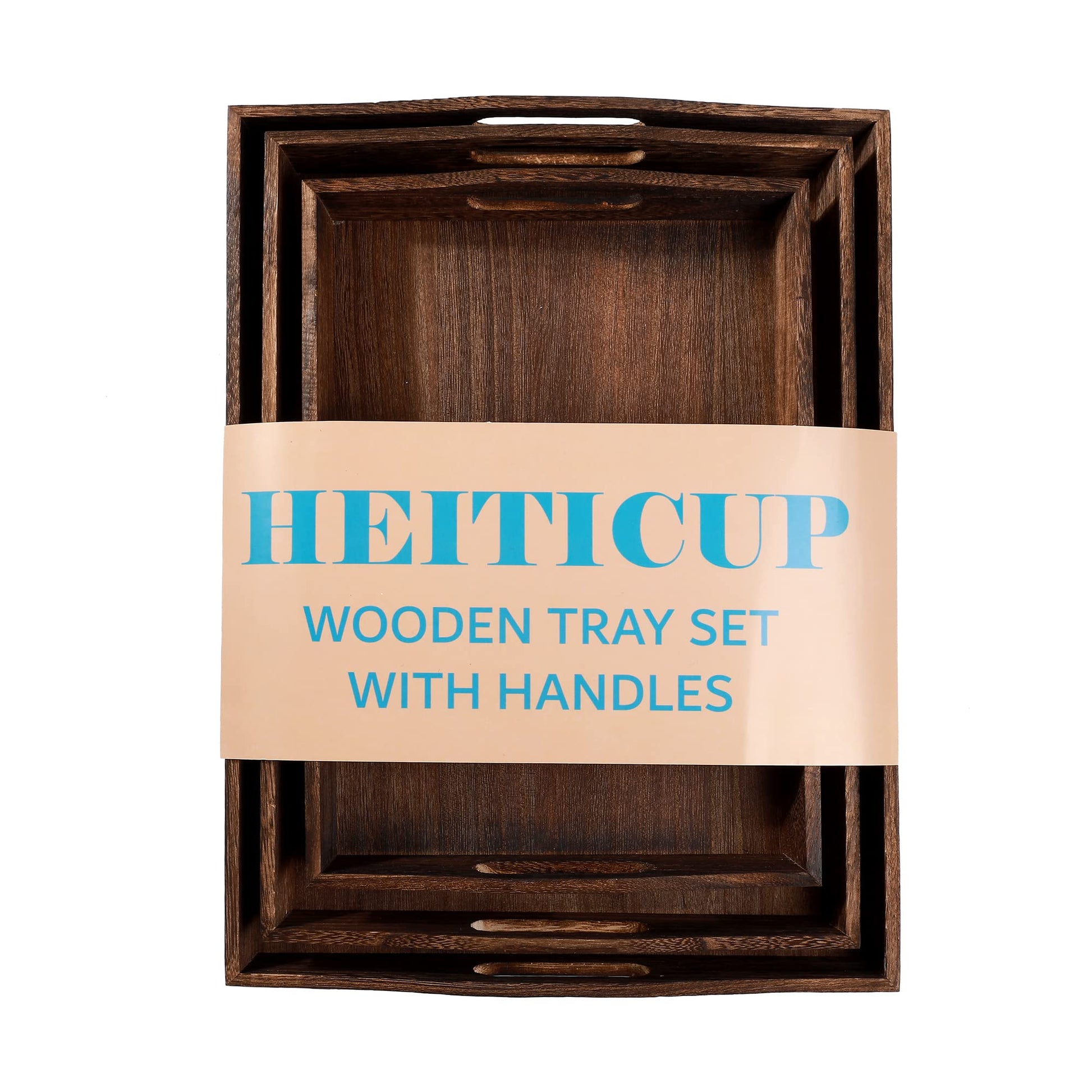 HEITICUP Wooden Serving Trays-Three Piece Set of Rectangular Shape Wood Coffee Table with Cut Out Handles, Kitchen Nesting Trays for Eating, Serving Pastries, Snacks, Mini Bars, Party - WoodArtSupply