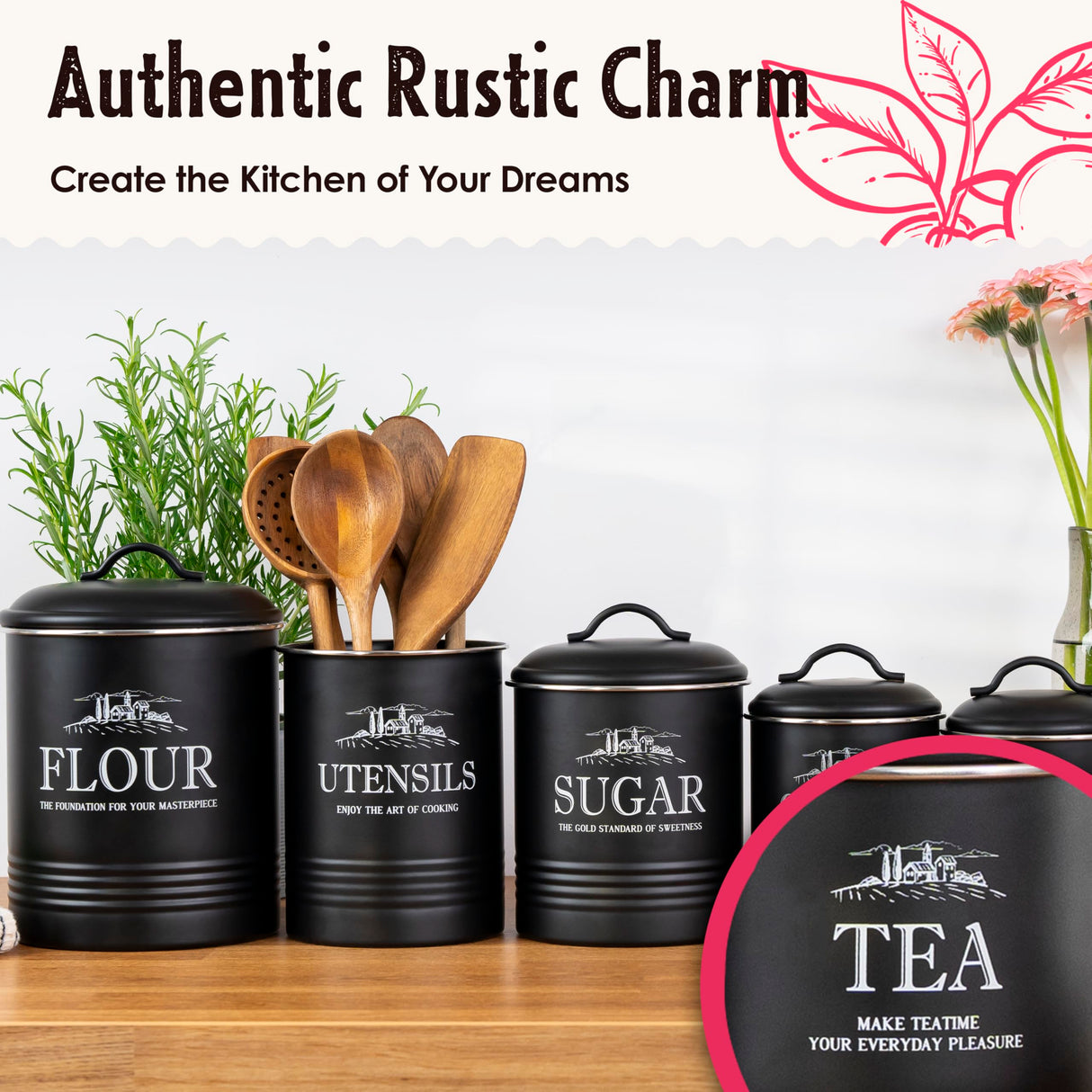 noonberry Canisters for Kitchen Counter, Set of 5 Black Containers, Airtight Coffee Tea Flour Sugar Canisters Sets for the Kitchen Countertop & Kitchen Utensil Holder noonberry