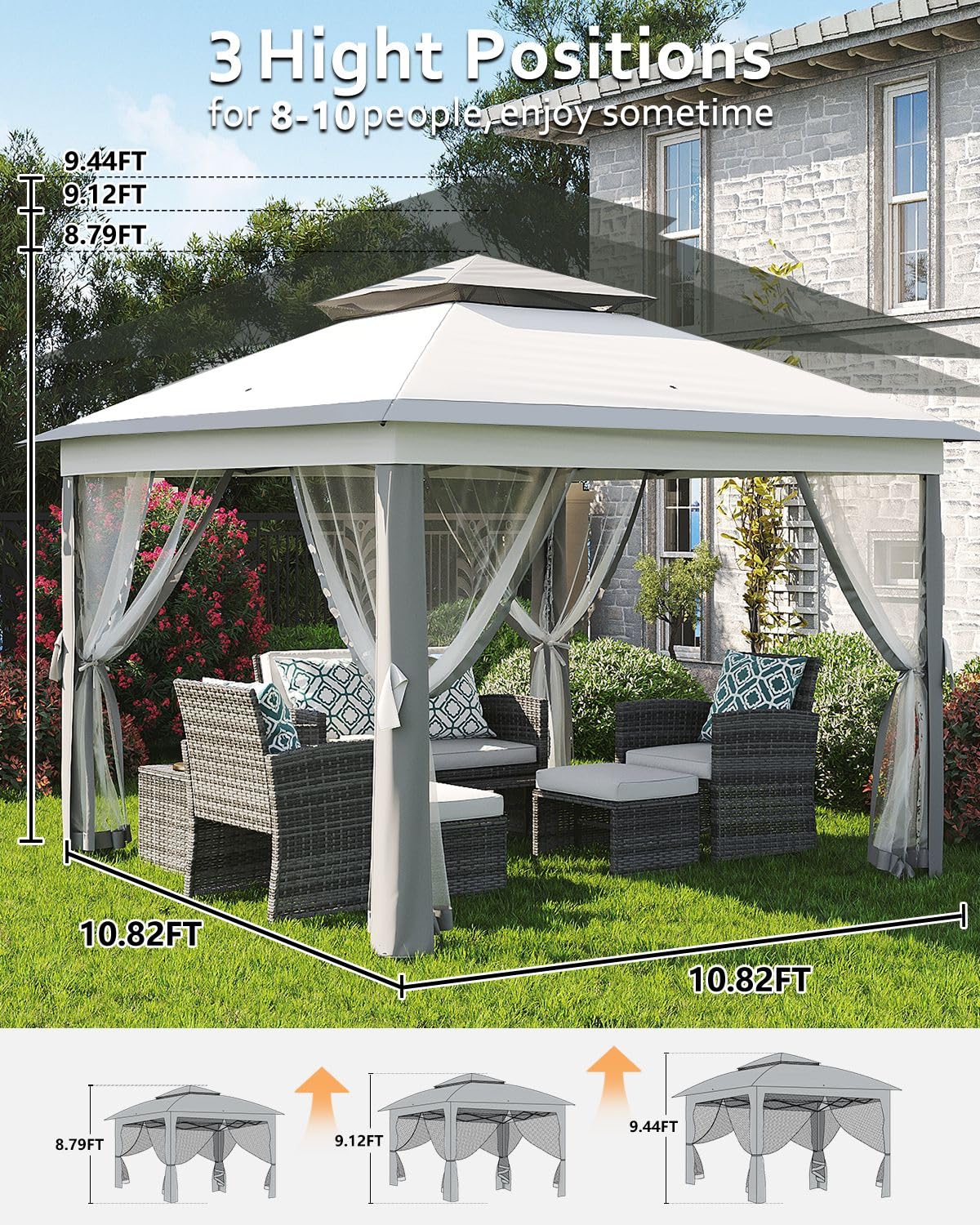Garveelife 11x11 Pop Up Canopy Tent with Mosquito Netting, Outdoor Canopy Shelter Easy Setup, Water & UV Resistant - Gray Garveelife
