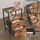 Sthmec Rustic Brown Industrial Nightstand Set of 2, Bedside Table with 2 Fabric Drawers, 3-Tier Storage, LED Light, Charging Station, 11.38''D * 15.38''W* 24.75''H sthmec
