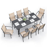 BUPPLEE 9-Piece Outdoor Patio Dining Set with 8 Stackable Chairs, Rectangular Metal Table with Umbrella Hole, 8-Person Patio Table and Chairs for Backyard, Poolside, Balcony and Garden Brown BUPPLEE