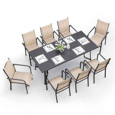 BUPPLEE 9-Piece Outdoor Patio Dining Set with 8 Stackable Chairs, Rectangular Metal Table with Umbrella Hole, 8-Person Patio Table and Chairs for Backyard, Poolside, Balcony and Garden Brown