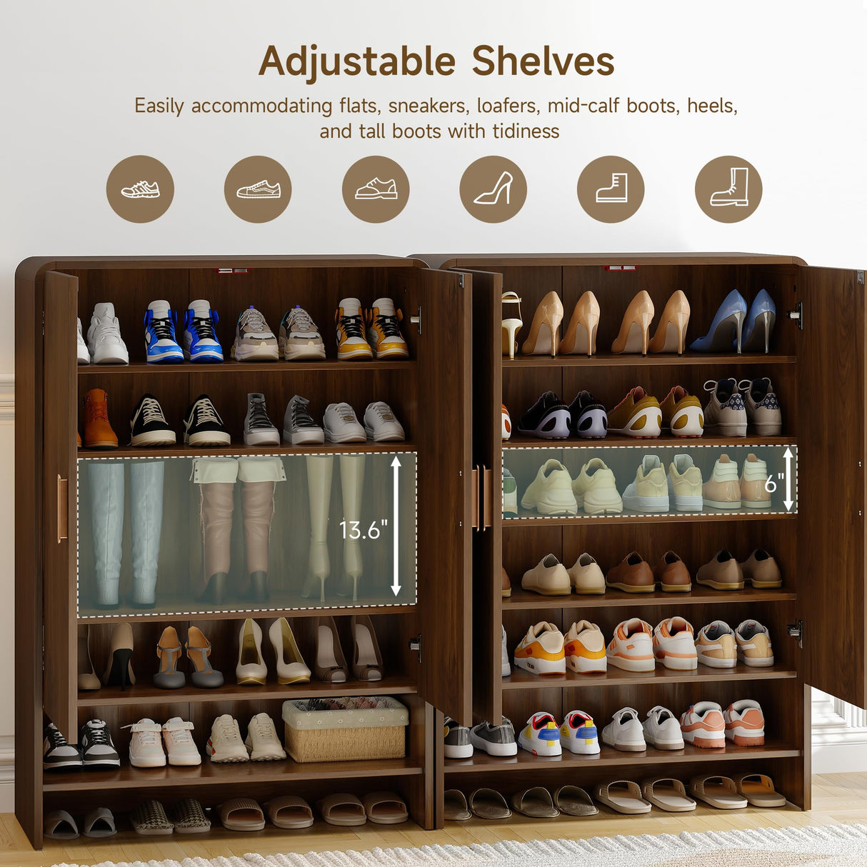 ONBRILL 6-Tier Shoe Storage Cabinet, 45'' Large Farmhouse Shoe Cabinet for Entryway, Modern Wooden Shoe Rack Organizer with Doors and Shelves, for Front Door Hallway (Walnut) ONBRILL