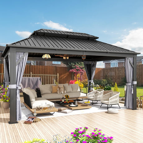 Jolydale 12' X 16' Hardtop Gazebo with Mosquito Netting and Curtains, Outdoor Gazebos with Double Roof, Galvanized Steel Permanent Aluminum Gazebo, for Gardens, Decks, Patios, Parties Jolydale