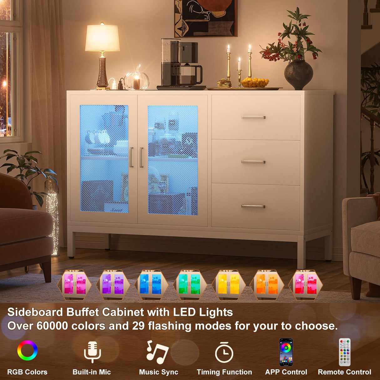 Aheaplus Sideboard Buffet Cabinet with 3 Wood Drawers, Storage Cabinet with Power Outlet, Coffee Bar Cabinet with LED light, 2 Doors, Modern Accent Cabinet Console Table for Kitchen Dining Room, White Aheaplus