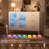 Aheaplus Sideboard Buffet Cabinet with 3 Wood Drawers, Storage Cabinet with Power Outlet, Coffee Bar Cabinet with LED light, 2 Doors, Modern Accent Cabinet Console Table for Kitchen Dining Room, White Aheaplus