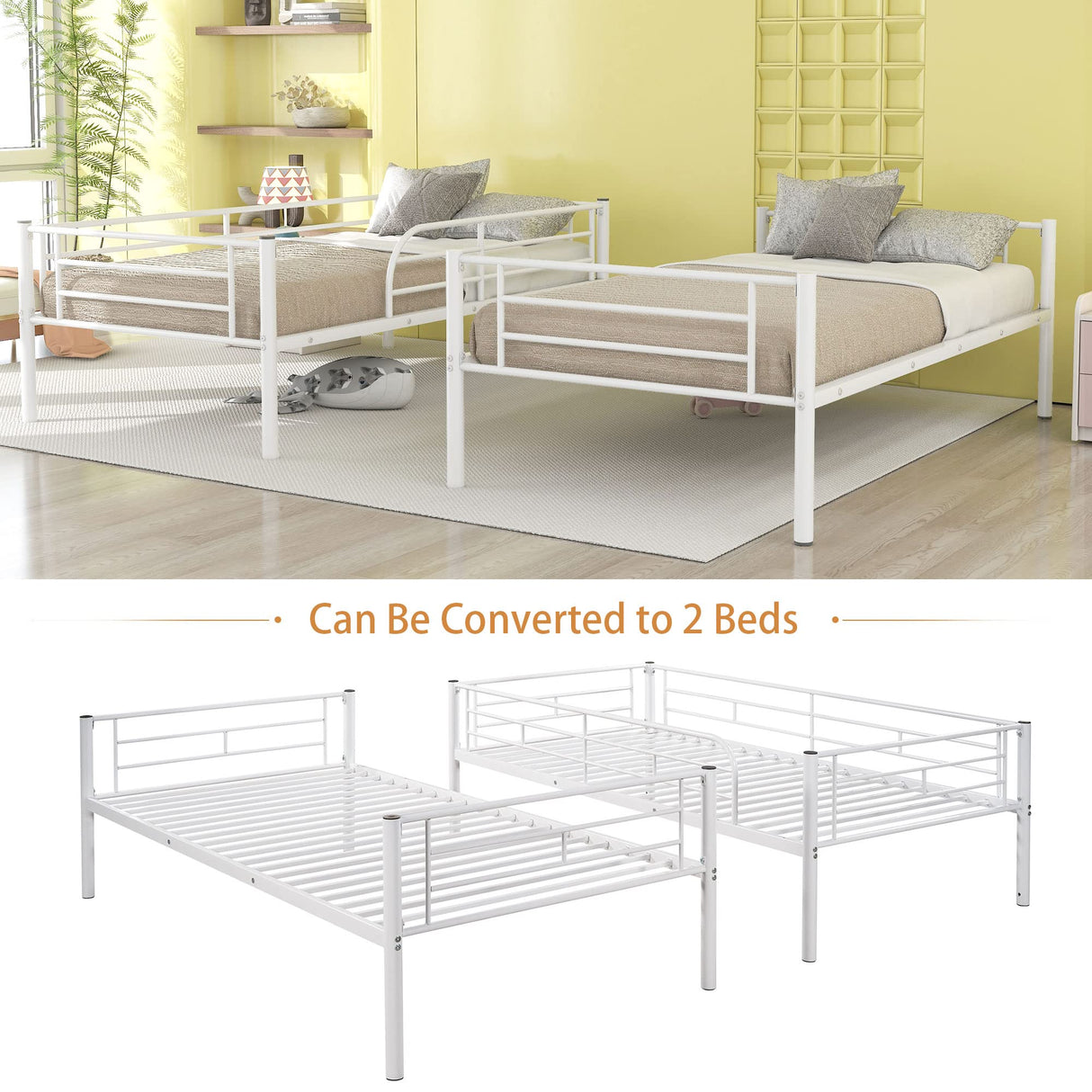 Merax Metal Bunk Bed, Bunk Bed with Ladder and high Guardrail, Able to Split, Under Bed Storage Space, Noise Free, Twin Over Twin Size, White Merax