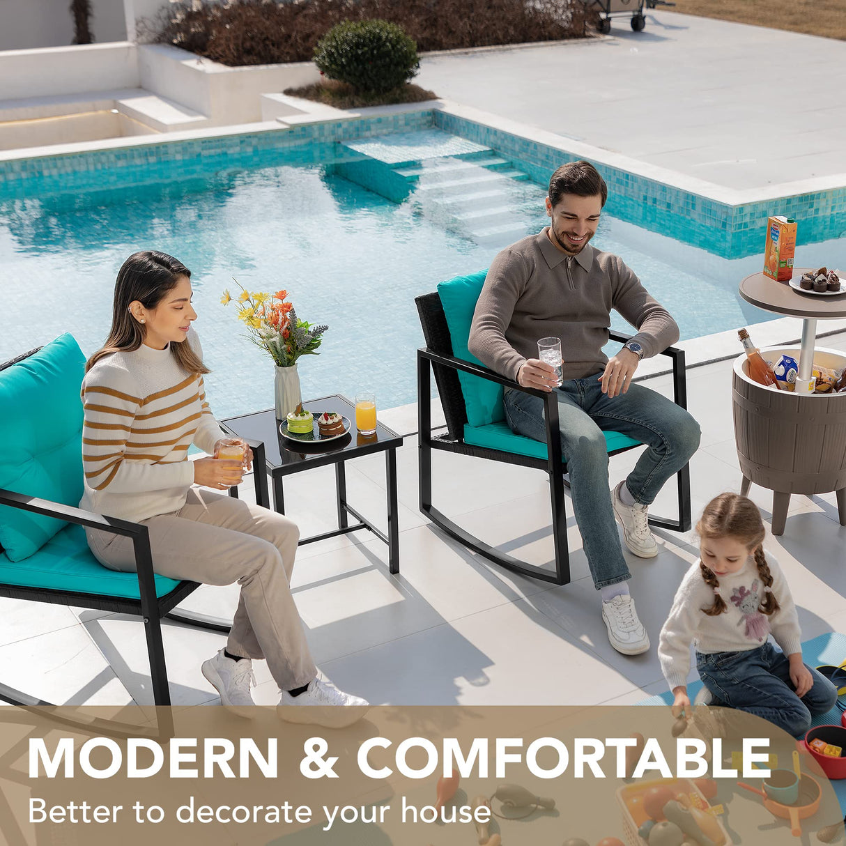 Devoko 3 Piece Rocking Bistro Set Wicker Patio Outdoor Furniture Porch Chairs Conversation Sets with Glass Coffee Table (Blue) Devoko