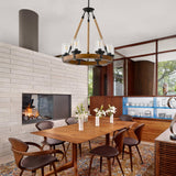 Farmhouse Wagon Wheel Chandelier 6-Light, Round Wood Chandelier with Seeded Glass Shade, Rustic Wood Chandeliers Hanging Pendant Light for Dining Room Living Room Kitchen Foye TEINIE