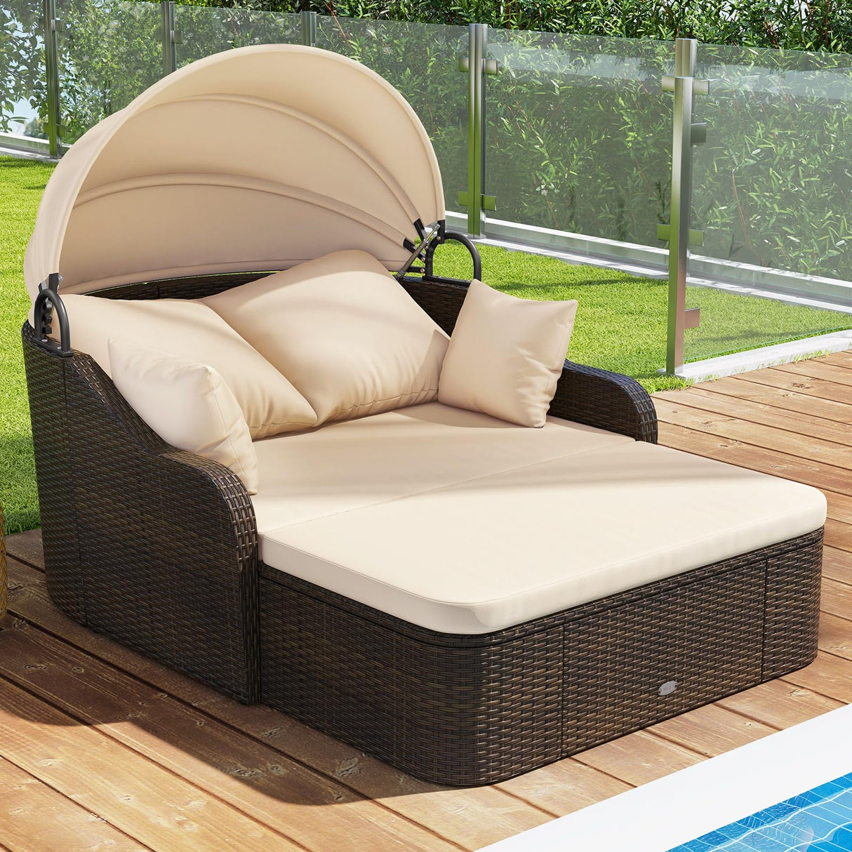 Moccha Outdoor Daybed with Retractable Canopy - PE Rattan Double Chaise Lounge w/Soft Cushions, Pillows, Ottoman, Outside Sunbed, Wicker Loveseat Sofa, Sectional Conversation Set, Patio Furniture Set LDAILY