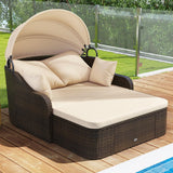 Moccha Outdoor Daybed with Retractable Canopy - PE Rattan Double Chaise Lounge w/Soft Cushions, Pillows, Ottoman, Outside Sunbed, Wicker Loveseat Sofa, Sectional Conversation Set, Patio Furniture Set LDAILY