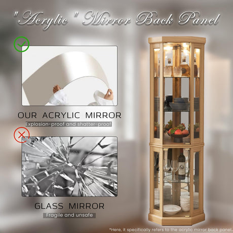 Eyisean 70" Lighted Glass Corner Curio Cabinet, Display Cabinet with Elegant Tempered Glass Door, China Cabinet with Light Bulb, Mirrored Back Panel, Rack for Living Room Storage (Light Oak) Eyisean