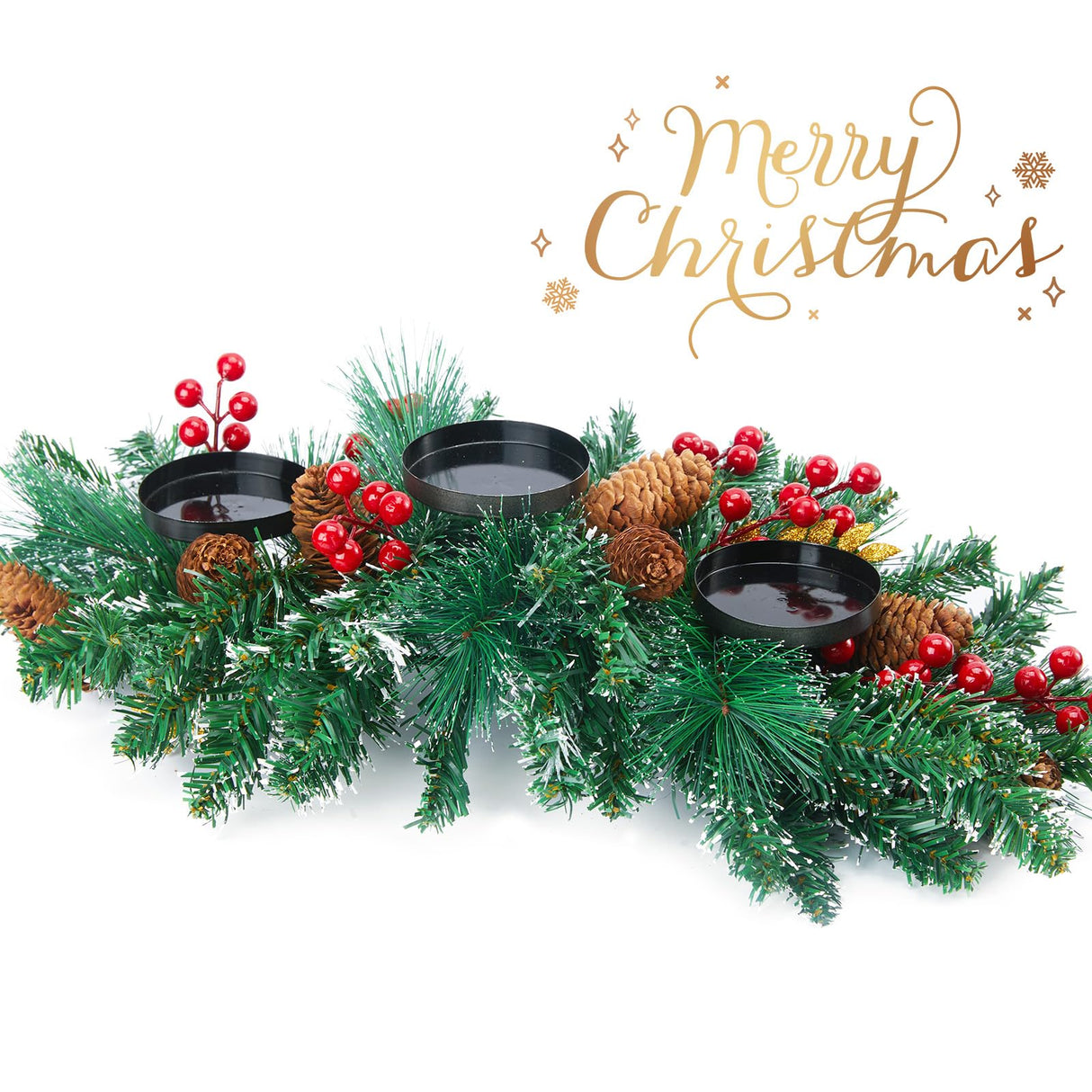 Brightown 20.5“ Iron Christmas Candle Holder, Pine Needles, Red Berries, Gold Balls and Golden Branches Tabletop Decoration with 3 Candle Holders for Christmas Home Decoration Brightown
