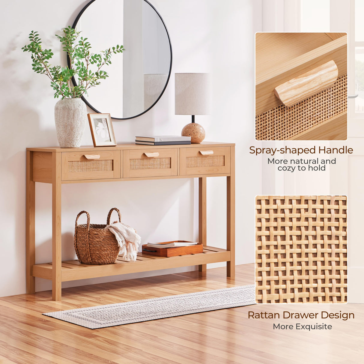 Yaheetech Rattan Console Table, Boho Entryway Table with Storage Drawers and Shelf, Long Hallway Table Foyer Table Sofa Table for Living Room, Corridor and Hallway, Natural Wood Yaheetech