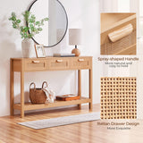 Yaheetech Rattan Console Table, Boho Entryway Table with Storage Drawers and Shelf, Long Hallway Table Foyer Table Sofa Table for Living Room, Corridor and Hallway, Natural Wood Yaheetech