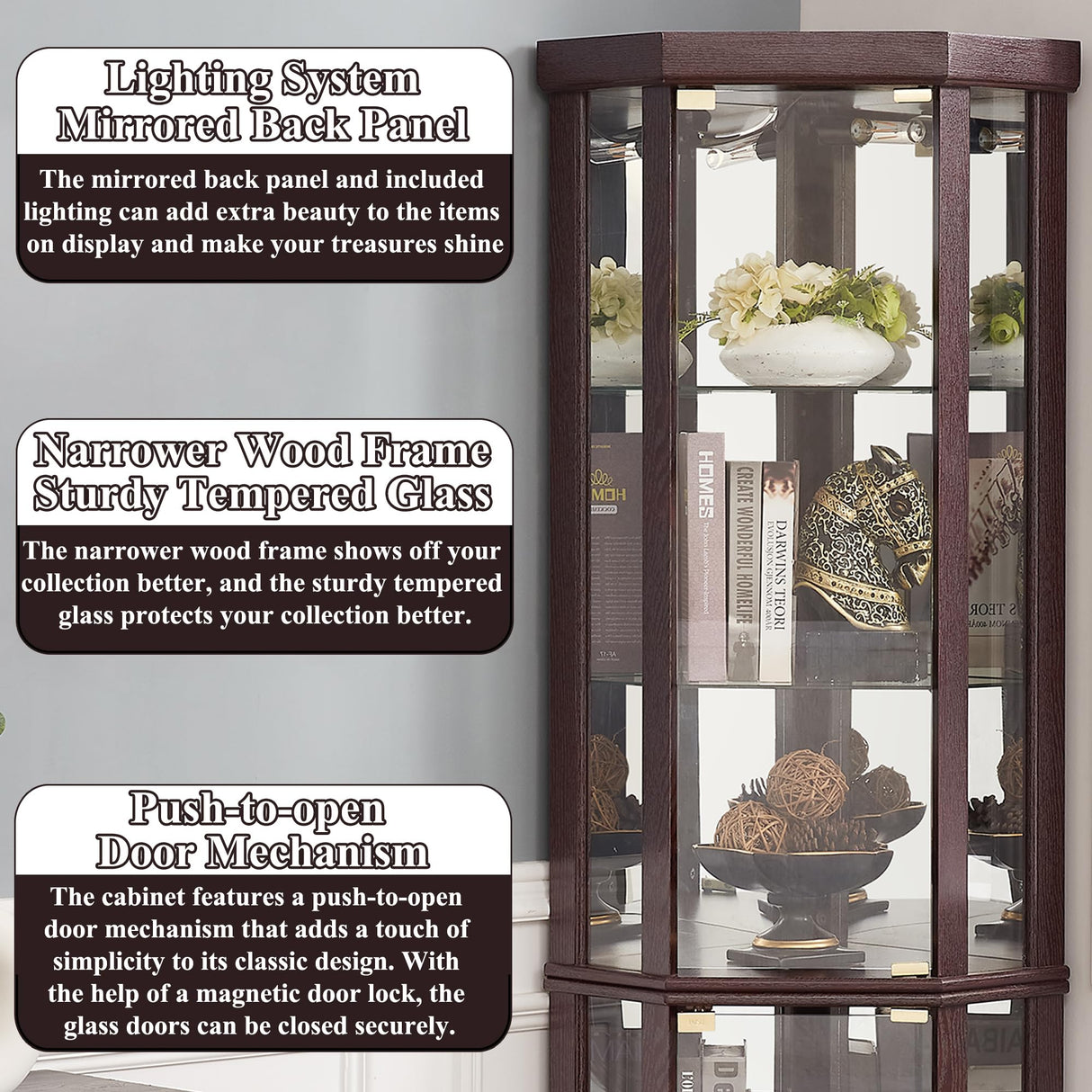 nifoti 69" H Lighted Curio Cabinet Corner Display Case,Corner Glass Cabinet with Tempered Glass Door and Adjustable Shelves,Wooden Corner Curio Cabinet with Mirrored Back Pane (Style 1 - Dark Cherry) nifoti