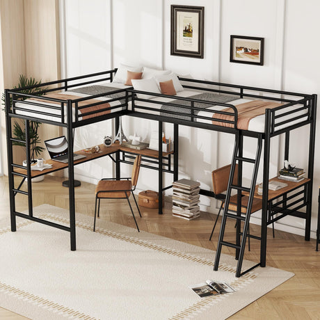 Twin Size Loft Bed - L Shaped Metal Bed Frame with Two Built-in Desks, Heavy Duty High Loft Bed Frame with Safety Guardrails & Stairs, Space Saving for Bedroom Dormitory Apartment Guest Room, Black Ibraccieni