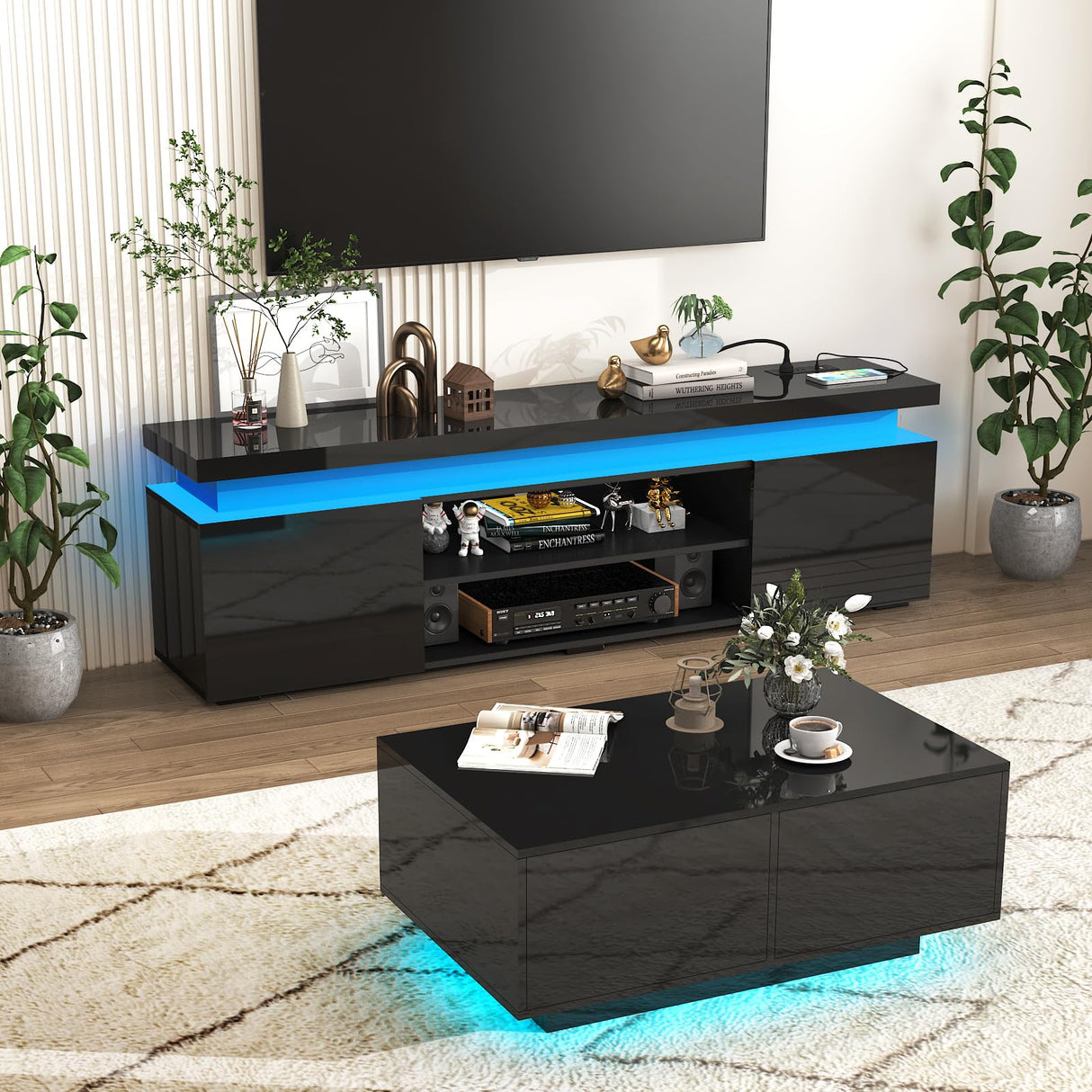Hlivelood LED TV Stand for 75 Inch TV, Modern TV Stand with Power Outlet, High Gloss TV Console Entertainment Center with Storage and LED Lights for Living Room, Bedroom (66 Inch, Black) Hlivelood