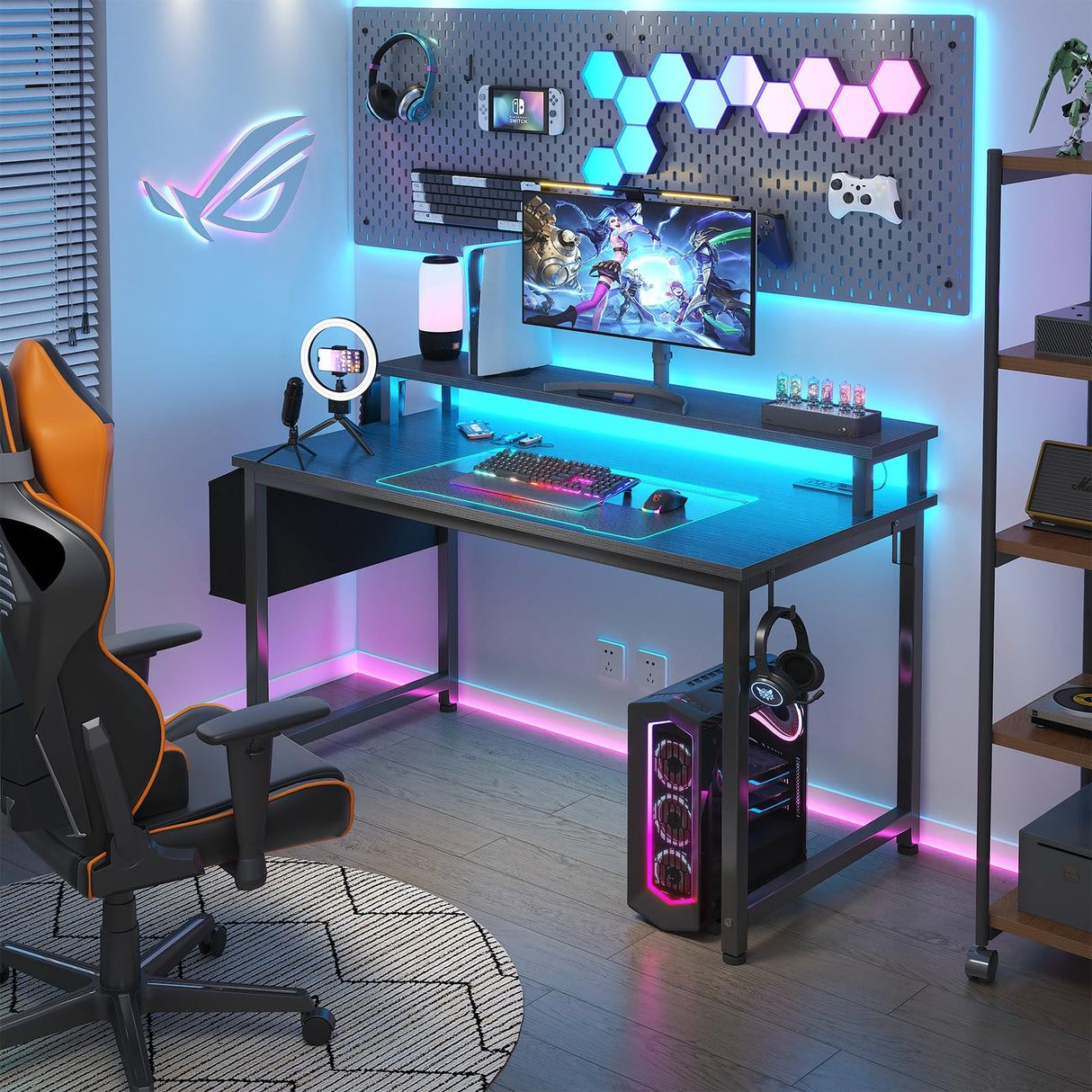 Lufeiya Black Gaming Desk with LED Lights and Power Outlets, 40 Inch Teen Writing Study Table Home Office Desks with Monitor Stand, Computer Desk with Charging Station USB Port, Black Lufeiya