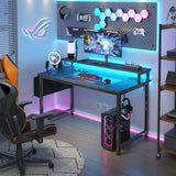 Lufeiya Black Gaming Desk with LED Lights and Power Outlets, 40 Inch Teen Writing Study Table Home Office Desks with Monitor Stand, Computer Desk with Charging Station USB Port, Black Lufeiya