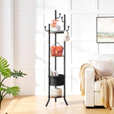 Hoctieon Coat Rack Freestanding, Round Coat Rack with 3 Wooden Shelves and 1 Fabric Basket, Metal Clothes Tree with 5 Hooks, Coat Hanger Stand for Clothes, Hats, Bags, Brown and Black Hoctieon