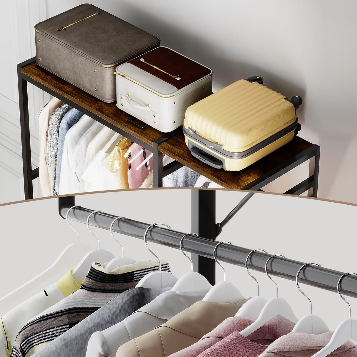 ZERDER Clothes Rack, Heavy Duty Garment Rack for Clothes, Clothing Racks with Shelves and 4 Side Hooks, Freestanding Metal Wooden Closet Organizer, Wardrobe Storage Rack, Brown ZERDER