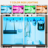 DWVO 59" Wide Hall Tree with Bench and Storage for Hallway Entryway, Coat Rack with Adjustable LED Light, Sliding Barn Doors, 10 Shoe Cubbies & 10 Coat Hooks for Bedchamber Living Room (Rustic White) DWVO