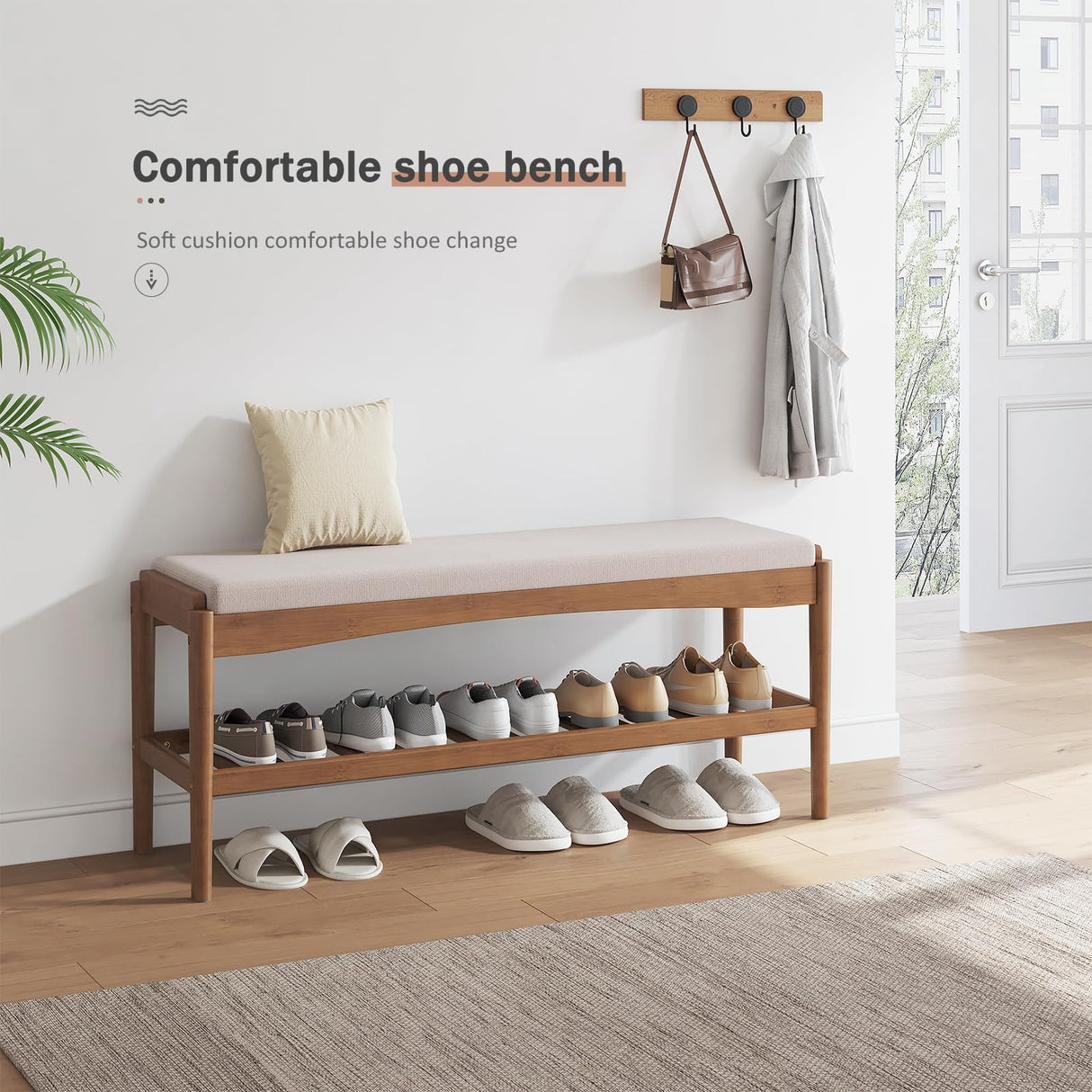 STDDRE Shoe Bench Entryway Bamboo 2-Tier Shoe Rack with Cushion Padded Seat Shoe Bench Organizer Stable for Entry, Hallway, Living Room, Bedroom, Closet (39.4 * 11.4 * 16.5IN, Brown-Beige) STDDRE
