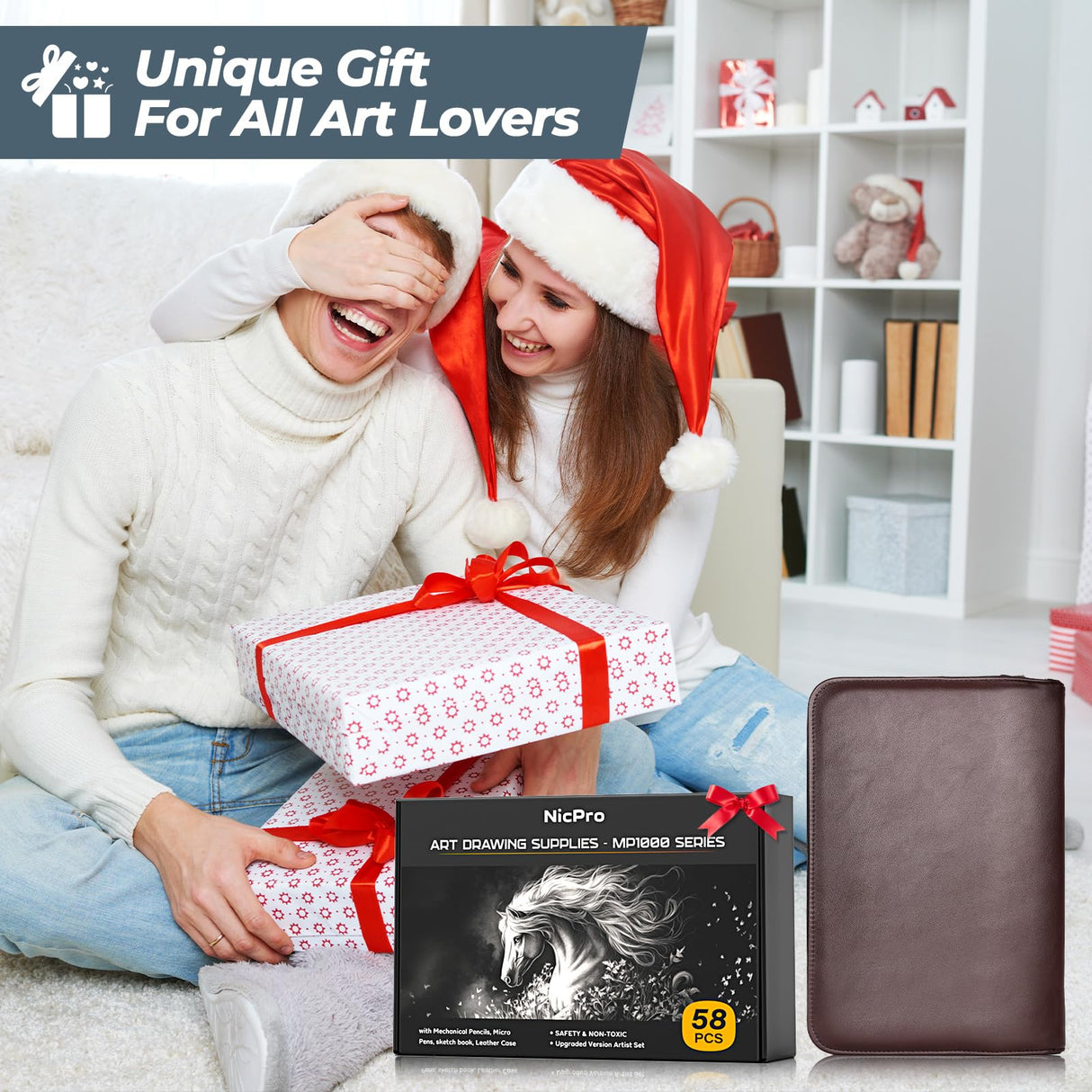 Nicpro 58PCS Art Drawing Supplies Kit in Leather Case, MP1000 Black Metal Mechanical Pencil Set with Drafting Pencil 0.5, 0.7, 0.9 & 2mm, 12 Micron Pen, Sketch Book, 30 Tube Lead Refills for Sketching Nicpro