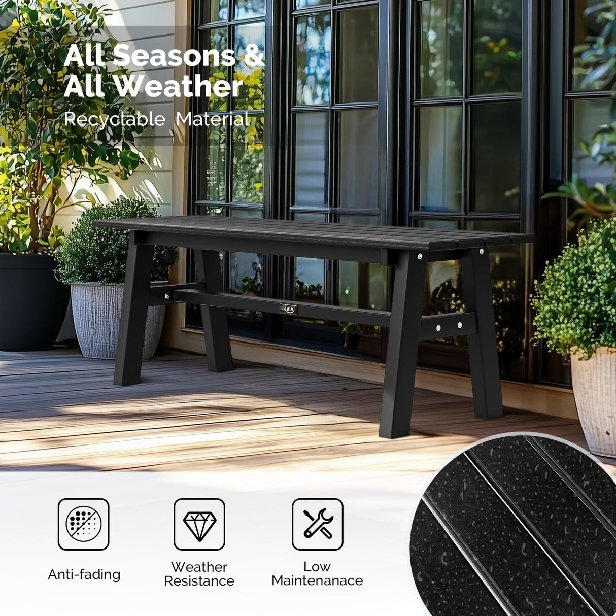 VINGLI 47” Outdoor Bench Garden Bench HDPE Porch Bench w/Metal Legs, Poly Lumber Patio Benches, 660 LBS Capacity Outdoor Backless Benches(Black) VINGLI