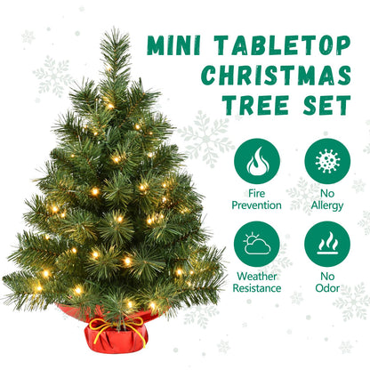 Pre-lit Artificial Mini Christmas Tree | Leeheeyee 2ft Tabletop Christmas Tree with 50 LED Lights, Battery Operated Small Xmas Pine Tree with Burlap Base for Table Desk Home Christmas Decor