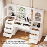 Rovaurx Large Vanity Desk with Mirror & Lights, Large Makeup Vanity Table with Charging Station, Bedroom Makeup Vanity with 8 Drawers and Side Cabinet, 3 LED Light Modes, White RSZT113W Rovaurx