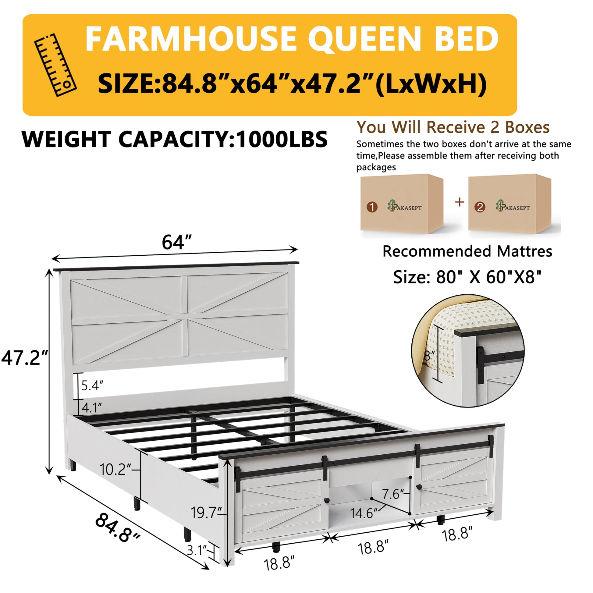 PAKASEPT Queen Size Farmhouse Wood Bed Frame with Sliding Barn Door and Ample Storage - WoodArtSupply