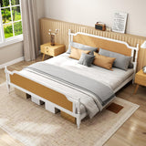 Rattan Queen Bed Frame, Queen Size Platform Bed Frame with Natural Headboard and Footboard, Boho and Mid Century Style, Solid Pine Wood, No Box Spring Needed, Easy Assembly, Antique White/Walnut WATHPUR