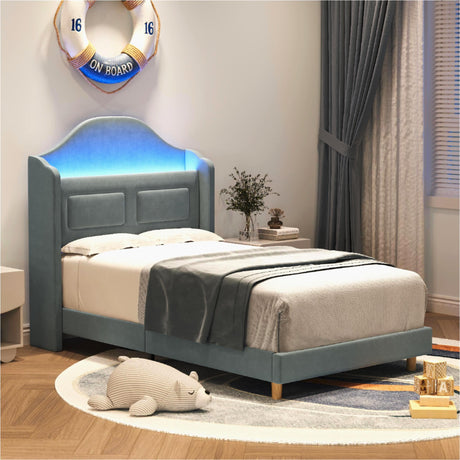 GarveeHome Upholstered Twin Bed Frame with LED Lights, Velvet Platform Bed Frame with Wing Back Storage Headboard, Wood Slats Support, No Box Spring Needed, Easy Assembly, Blue GarveeHome