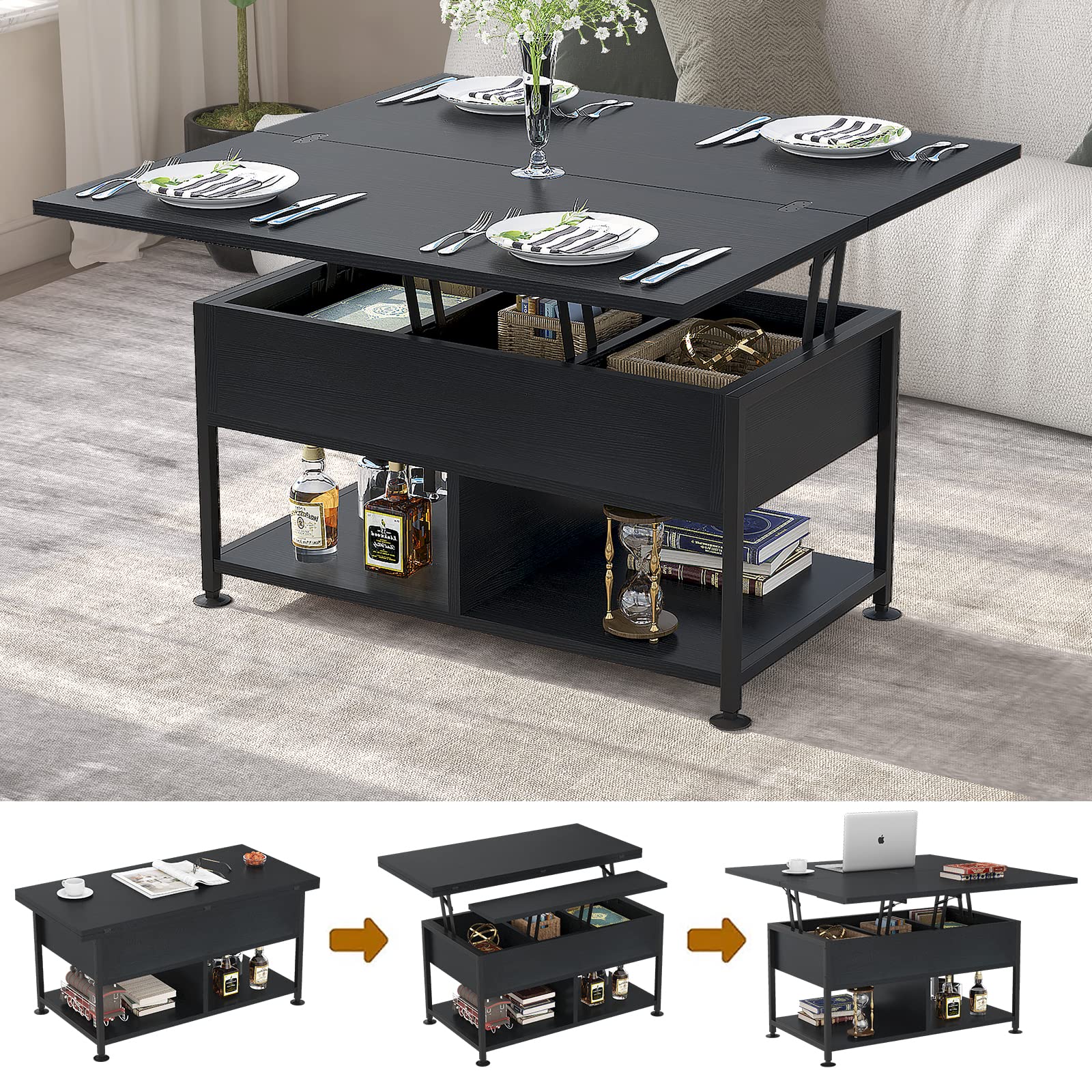 cosimates Lift Top Coffee Table ，4 in 1 Multi-Function Coffee Table with Hidden Compartment ，Modern Lift Tabletop Dining Table for Living Room Reception/Home Office, Black - WoodArtSupply