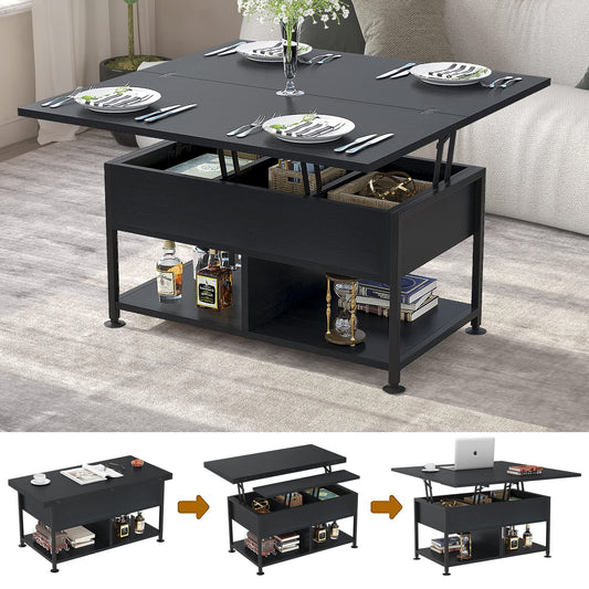 cosimates Lift Top Coffee Table ，4 in 1 Multi-Function Coffee Table with Hidden Compartment ，Modern Lift Tabletop Dining Table for Living Room Reception/Home Office, Black