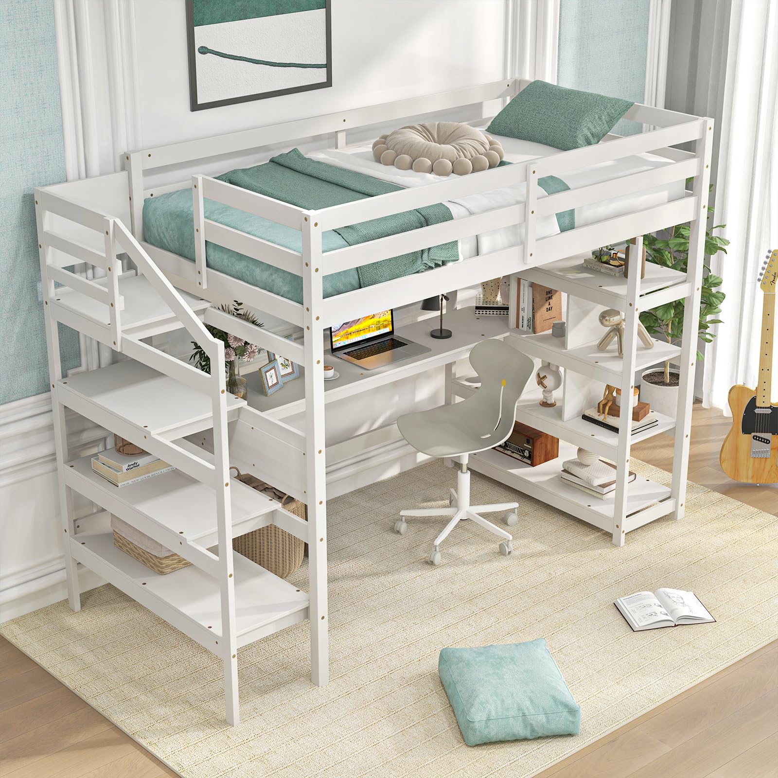 Giantex Twin Loft Bed with Desk & Storage Stairs - Solid Wood High Bed for Kids & Teens - White - WoodArtSupply