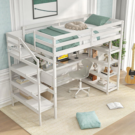 Giantex Twin Loft Bed with Desk & Storage Stairs - Solid Wood High Bed for Kids & Teens - White Giantex