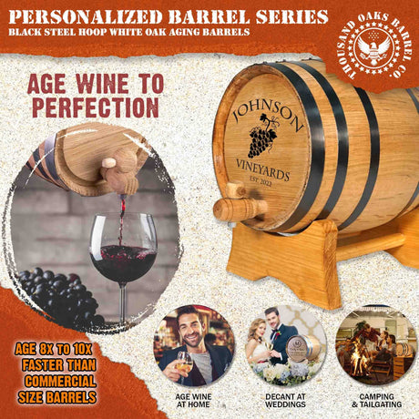 Personalized 10 Liter Oak Wine Barrel (2.5 gallon) with Stand, Bung, and Spigot | Small Wine Barrels for Home Aging | Engraved Custom Wine Barrel THOUSAND OAKS BARREL