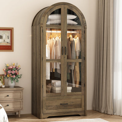 chartustriable 2 Doors Arched Armoire Wardrobe Closet w/Drawers,LED Light,Wooden Closet Wardrobe Cabinet with Hanging Rod for Bedroom,Modern Armoire Storage Cabinet w/Shelf,Rustic Oak