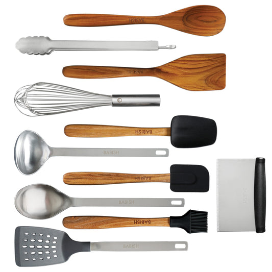 Babish 11 Piece Essential Teak Wood, Silicone, and Stainless Steel Tool Set