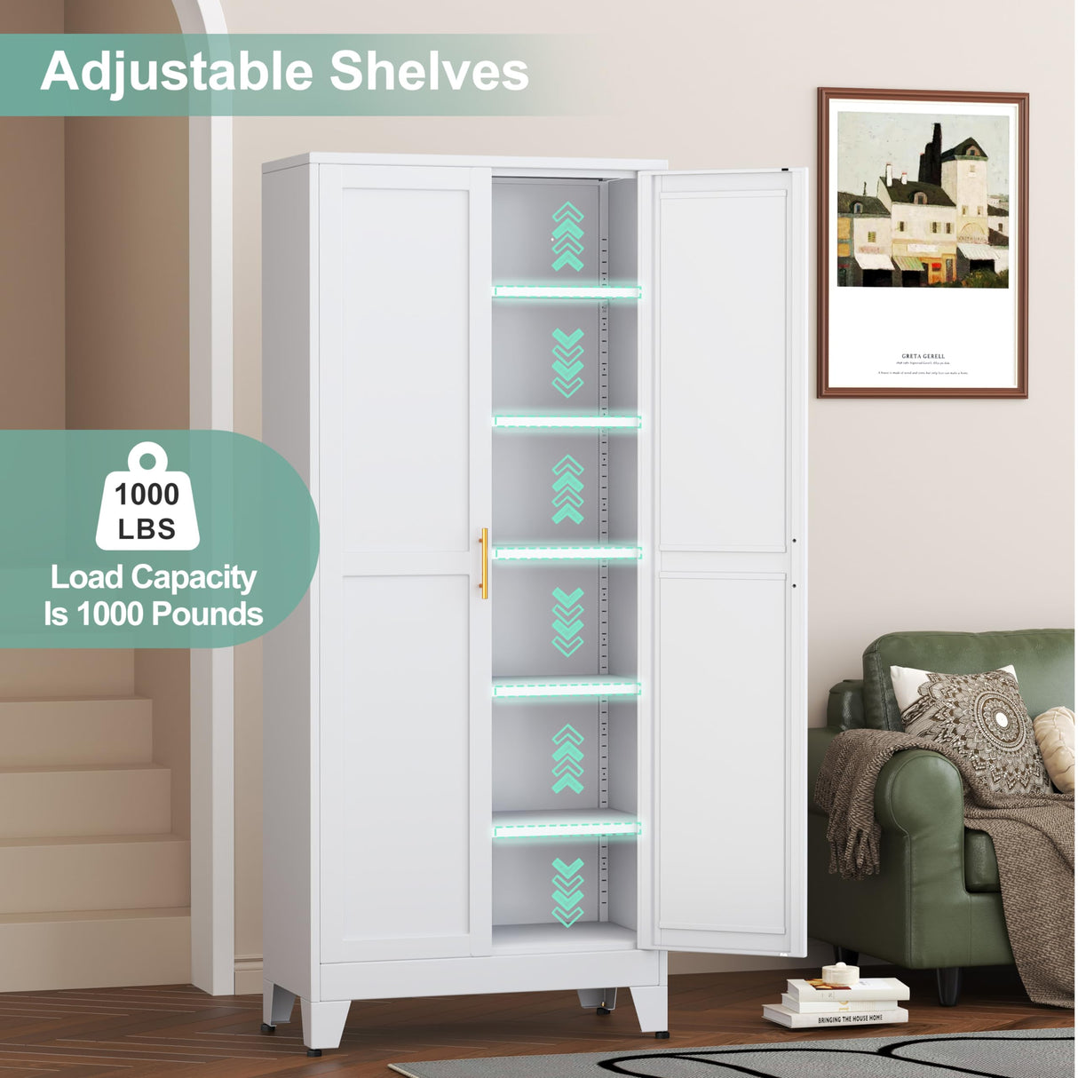 Metal Pantry Cabinet with 2 Doors and 5 Adjustable Shelves, 75" Kitchen Storage cabinets with Gold Handles, Versatile Storage for Laundry Room, Living Room, Bathroom, Dinning Room, Utility Room-White winiowa